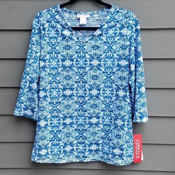 NWT Rebecca Malone Blue/White 3/4 Sleeve Top Size Small - Picture 1 of 7